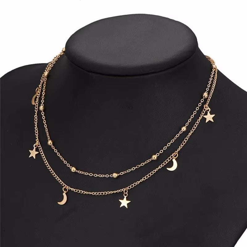 Star & Moon Pendant Clavicle Necklace Double Layers Beads Minimalist Women Fashion Collares Summer Everyday Jewelry Bijoux