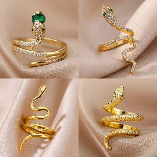 Stainless Steel Snake Rings for Women Men Gold Color Open Adjustable Zircon Ring Vintage Gothic Aesthetic Jewelry Anillos Mujer